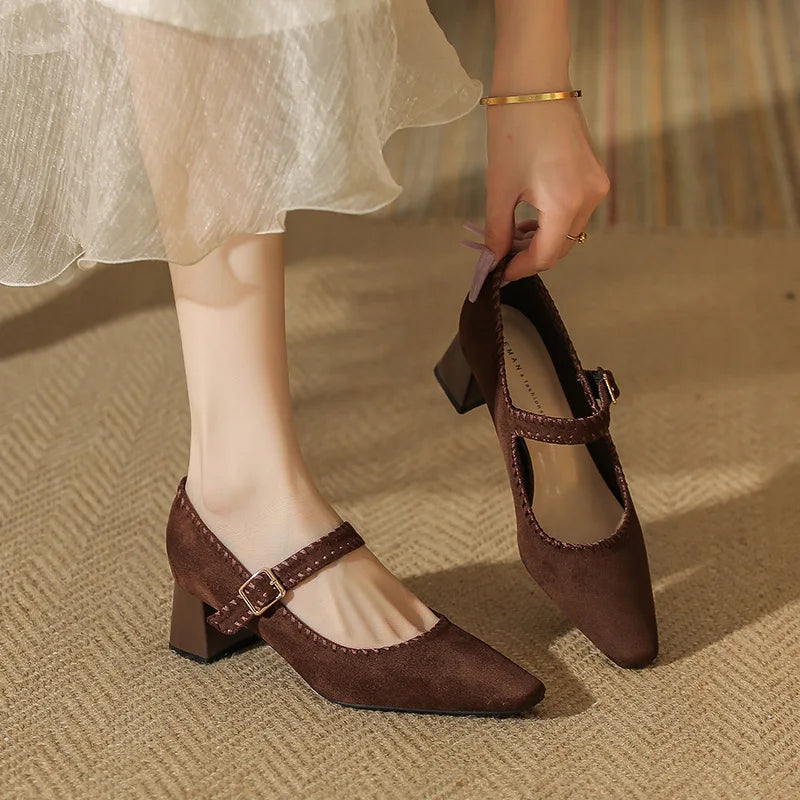 Elaine Beauchêne | Suede Mary Jane Block Heel in Brown