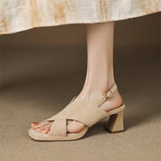 Cécile Duvernois | Suede Cross-Strap Block Heel Sandals in Beige
