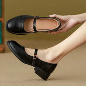 Celestine Ravenport | Black Faux Leather Mary Jane Flat Shoes