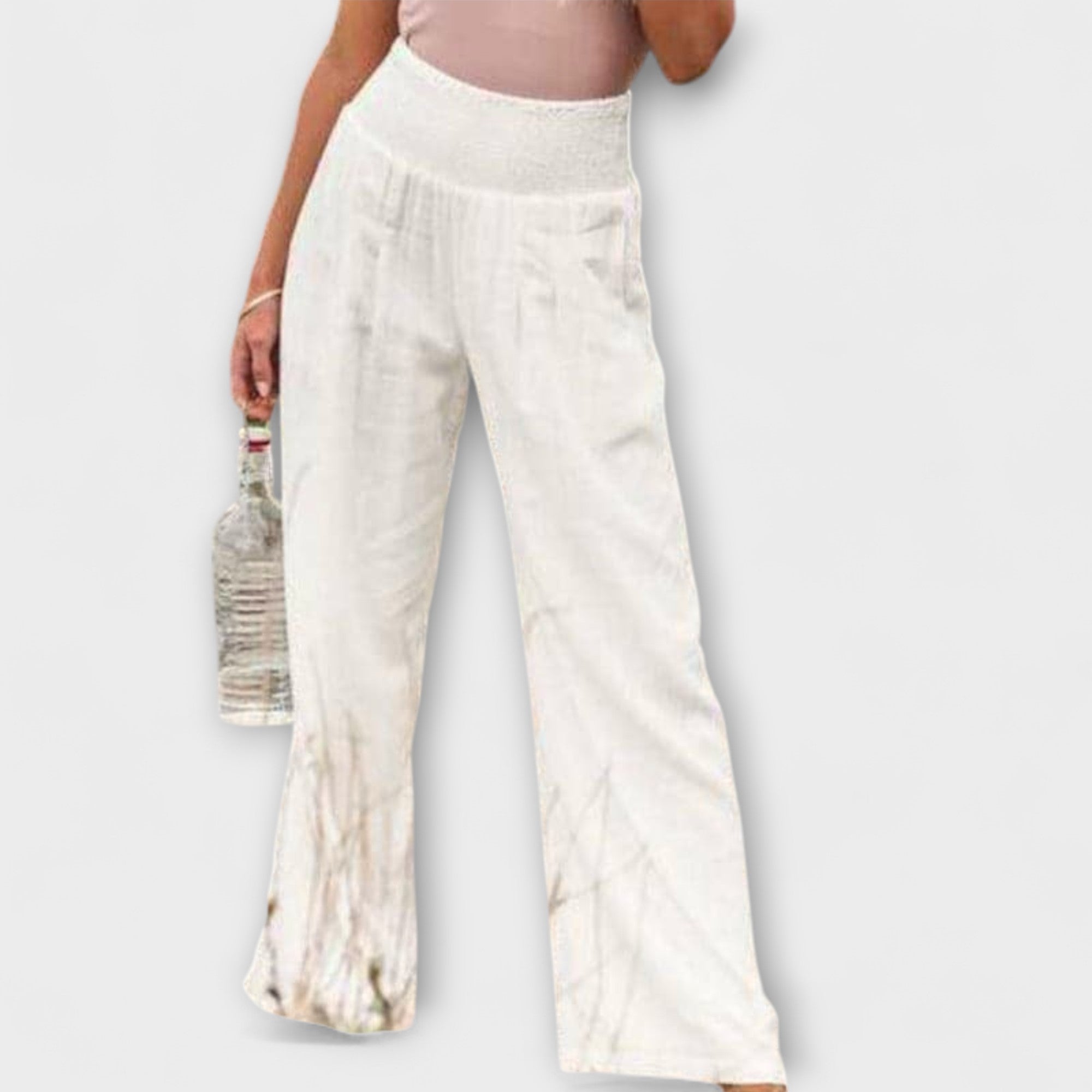 Roseline Beaupré | Coral Wide-Leg Linen Trousers with Smocked Waist