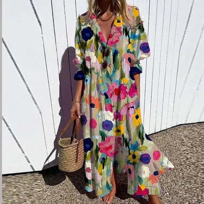 Lucinda Marchetti | Colorful Floral Print Maxi Dress with V-Neck