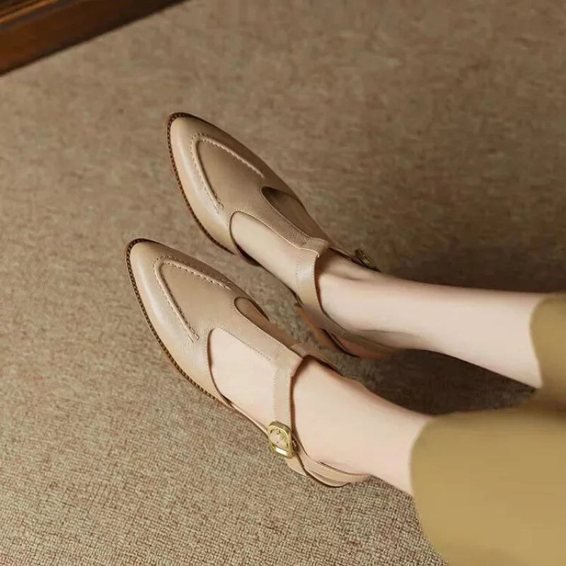 Camille Beauverne | T-Strap Buckle Flat in Tan Leather