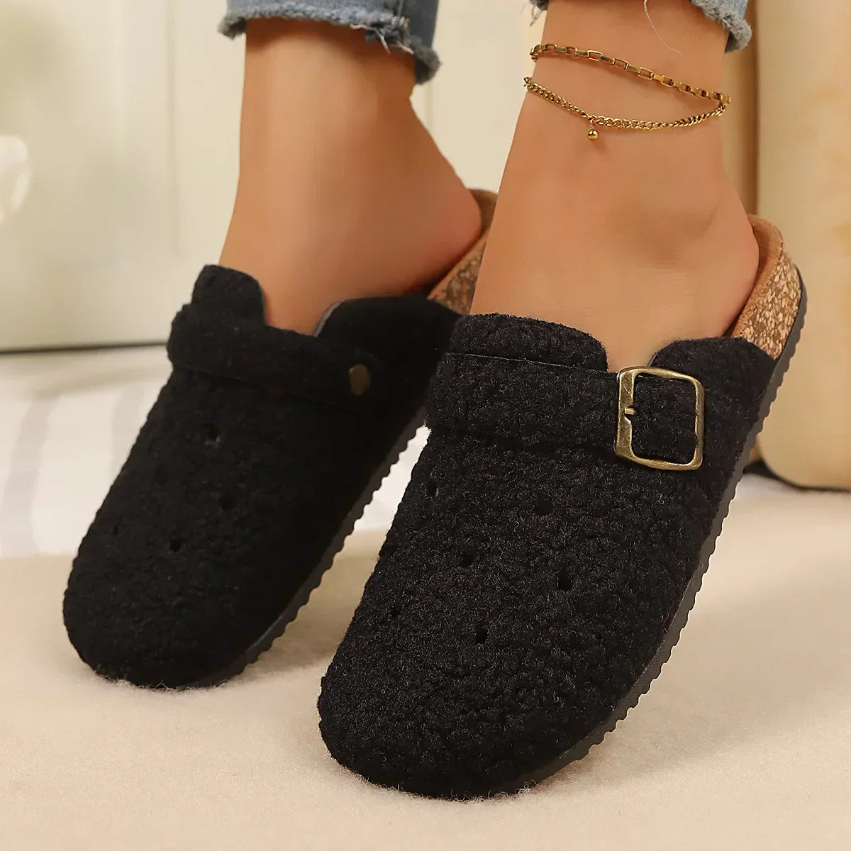 Elspeth Duvernay | Fleece Clog Slippers with Cork Sole
