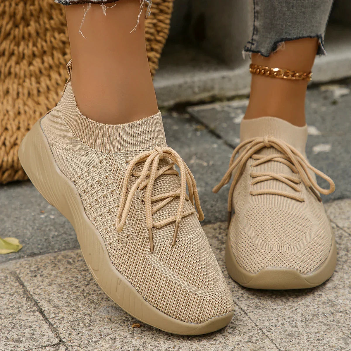 Marlowe Sinclair | Beige Knit Lace-Up Sneakers for Women
