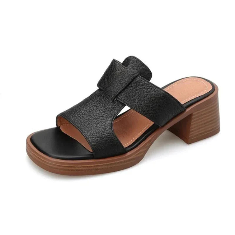 Felicity Armand | Black Leather Block Heel Mule Sandals