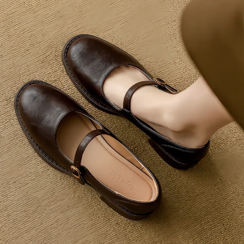 Celestine Ravenport | Black Faux Leather Mary Jane Flat Shoes