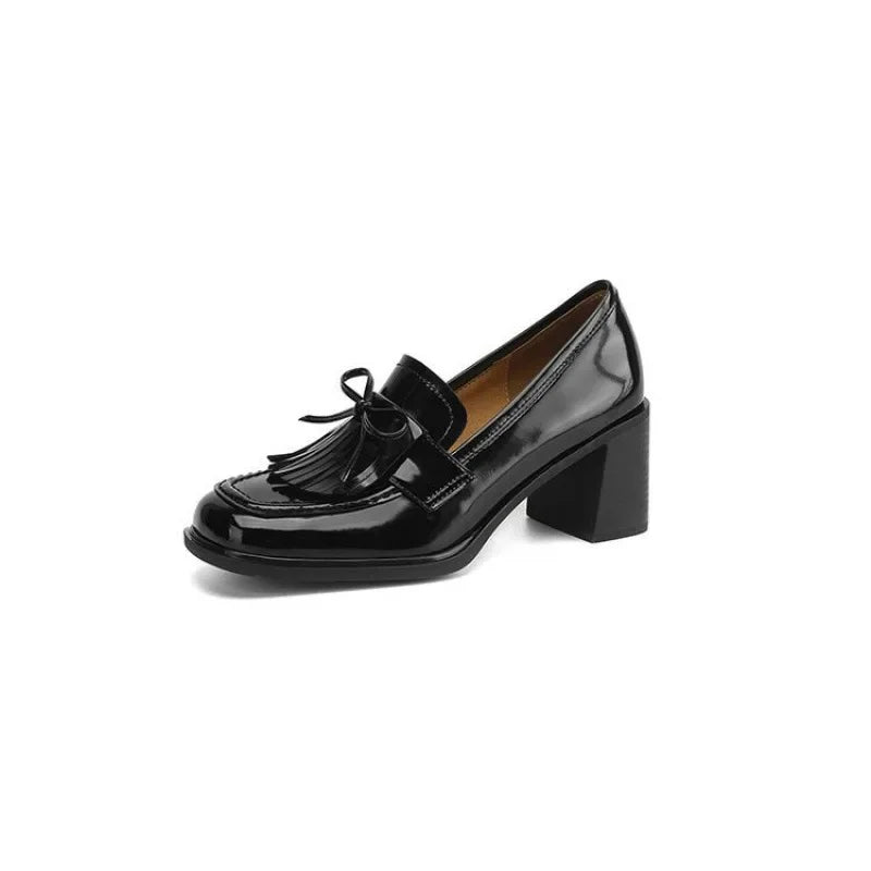 Rosalba Fontaine | Black Patent Tassel Loafer Block Heel Pump