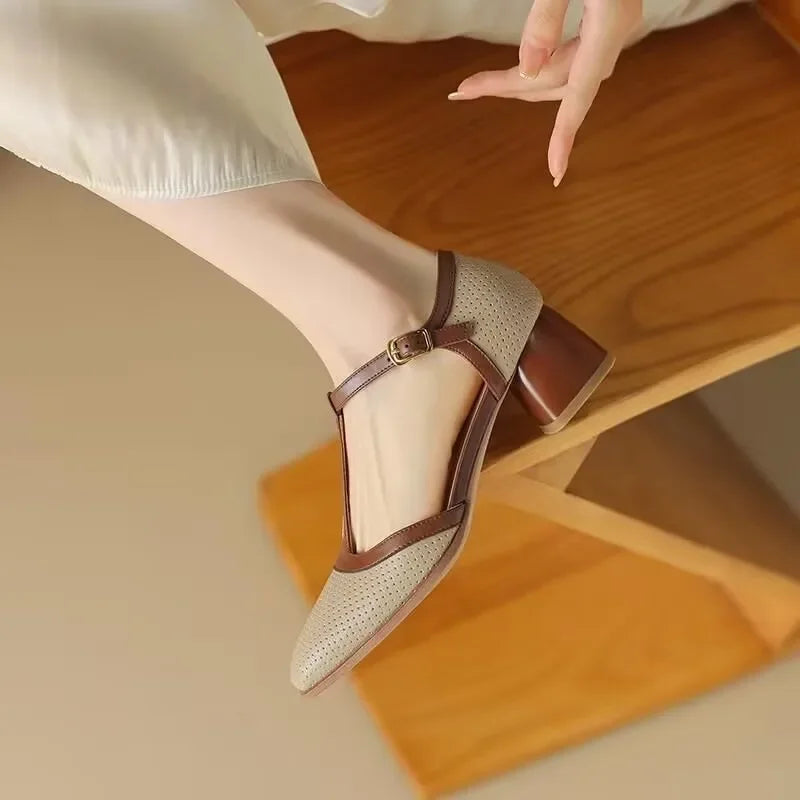 Vivienne Dawnfort | Cream Perforated T-Strap Block Heel Pumps