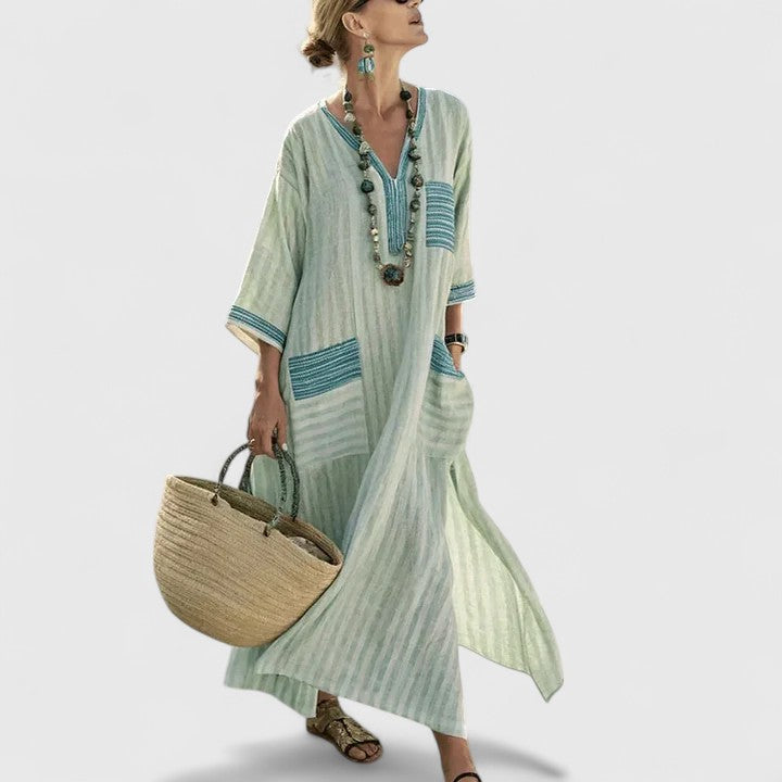 Céleste Fonrouge | Bohemian Cream Linen Maxi Dress with V-Neck