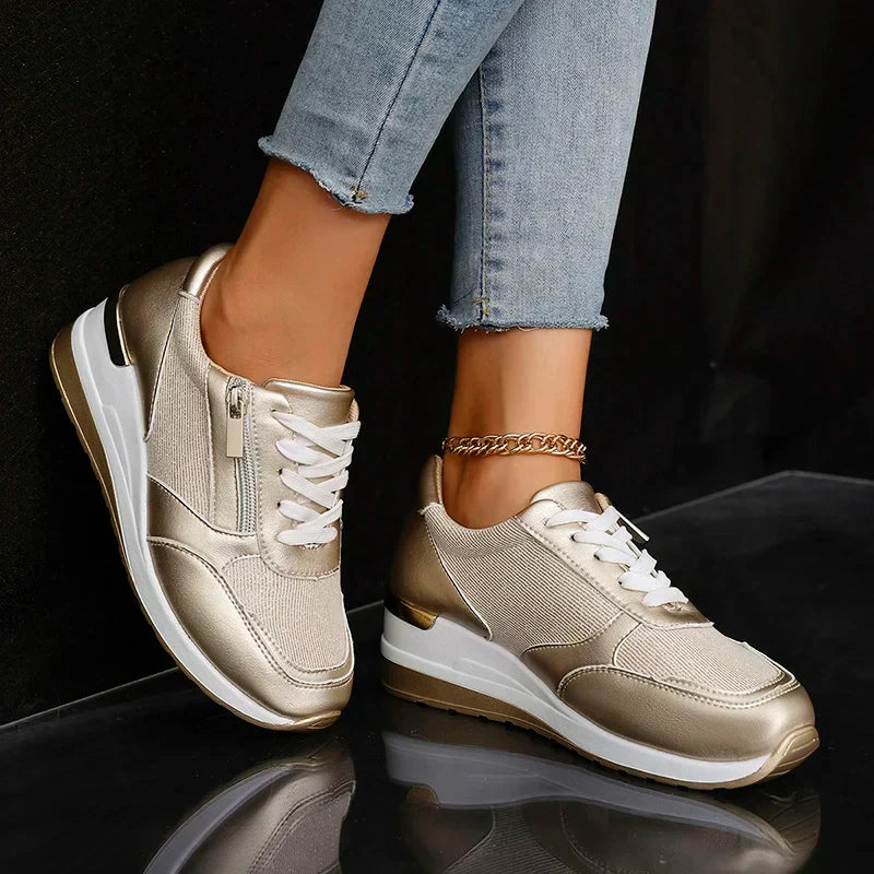 Marguerite Solvaine | Silver Metallic Platform Sneakers with Side Zipper