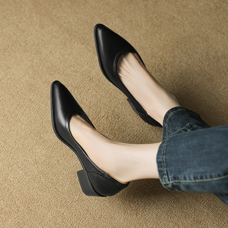 Eliane Beaufort | Beige Pointed Toe Block Heel Slip-On Pumps
