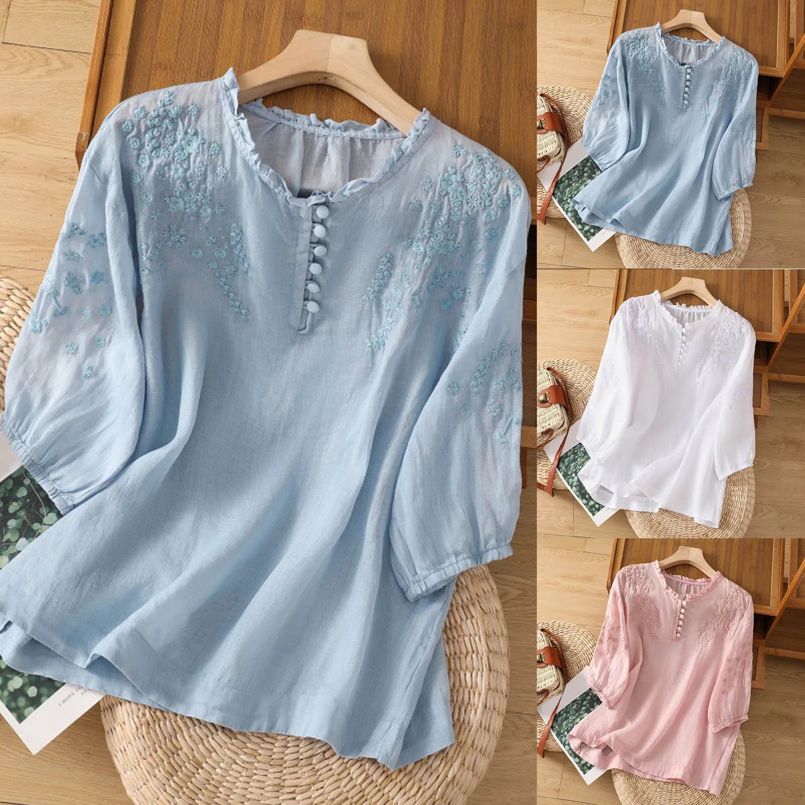 Evangeline Thornmere | Light Blue Embroidered Linen Blouse