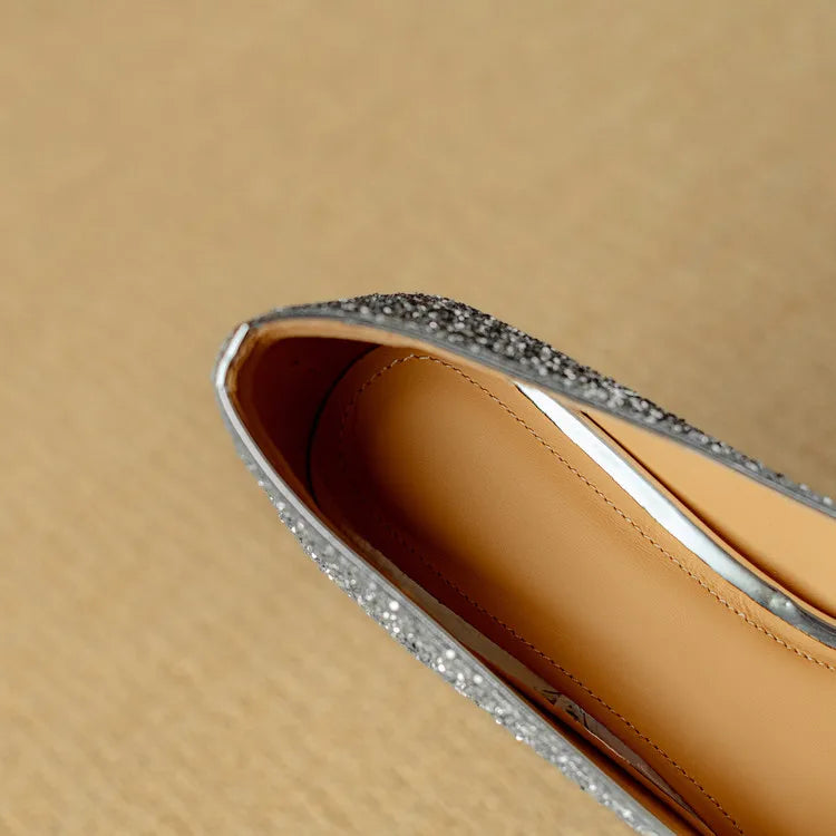 Estelle Ravenswood | Gold Glitter Block Heel Pumps with Crystal Buckle