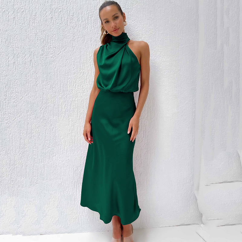 Théodeline Beauvaux | Sage Green Satin Halter Midi Dress