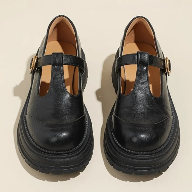 Colette Ravensdale | Brown T-Bar Mary Jane Shoes with Platform Sole