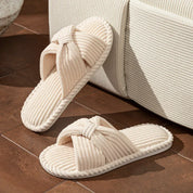 Emmeline Chartreuse | Corduroy Bow Slide Slippers in Cream