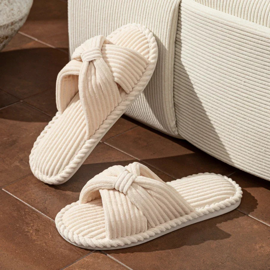 Emmeline Chartreuse | Corduroy Bow Slide Slippers in Cream