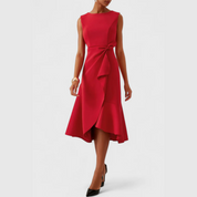 Celestine Beauvray | Red Sleeveless Asymmetric Draped Midi Dress