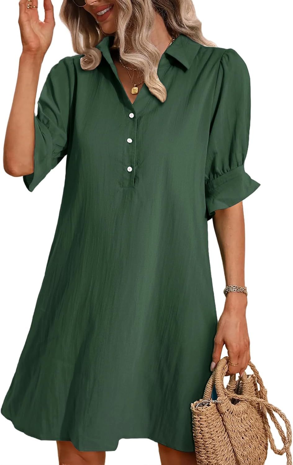 Aurelie Wyndcroft | Black Button-Down Shirt Dress with 3/4 Sleeves