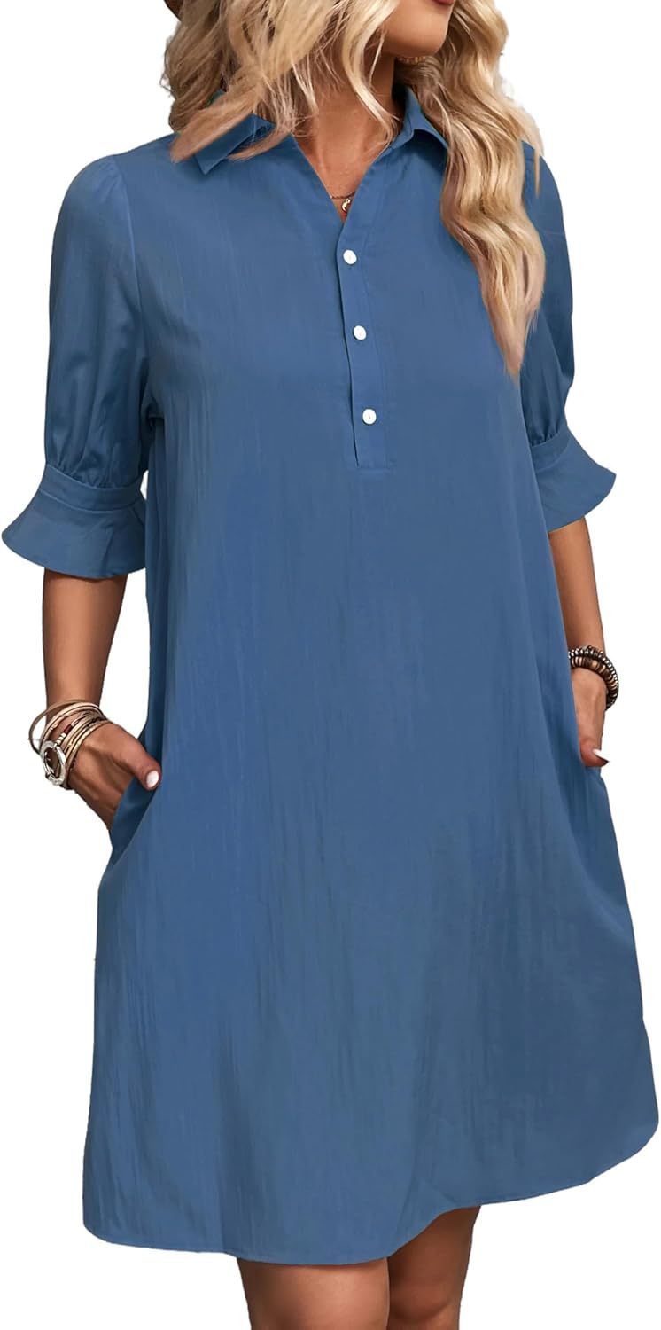 Aurelie Wyndcroft | Black Button-Down Shirt Dress with 3/4 Sleeves