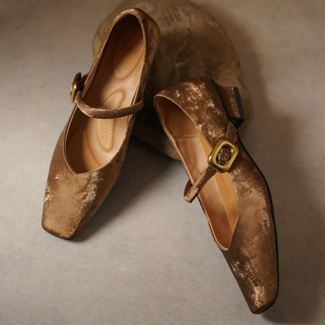 Sylvaine Delcroix | Velvet Mary Jane Block Heels with Gold Buckle