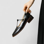 Aurelie Sinclair | Cream Leather T-Strap Brogue Mary Jane Flats