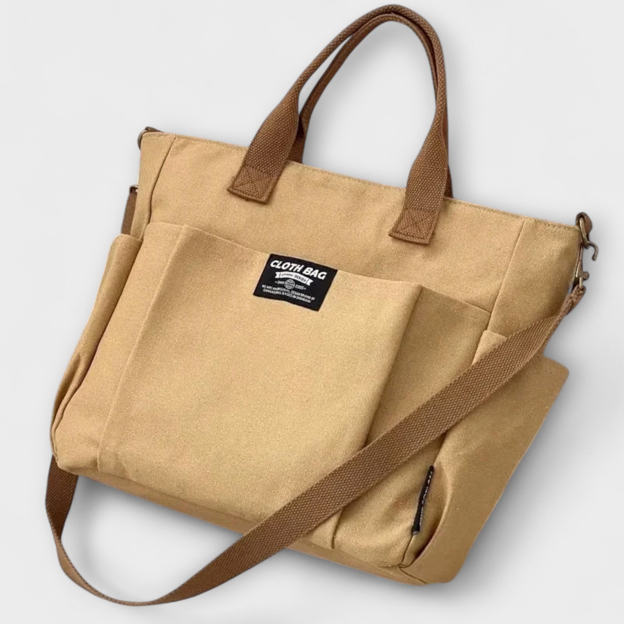 Cecilia Montfort | Beige Canvas Tote Shoulder Bag with Multi-Pockets
