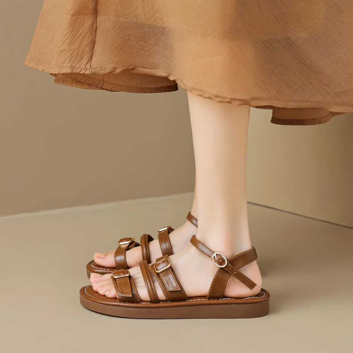 Genevieve Fontaine | Brown Leather Triple-Buckle Gladiator Sandals