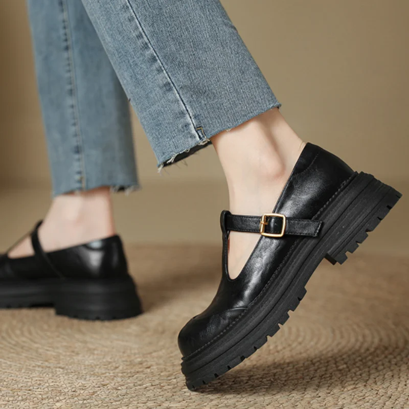 Colette Ravensdale | Brown T-Bar Mary Jane Shoes with Platform Sole