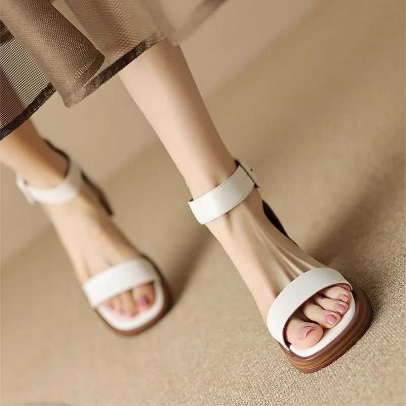 Lucienne Ashford | Cream Block Heel Ankle Strap Sandals