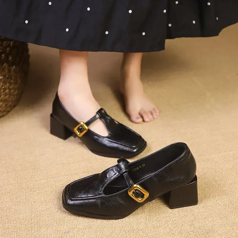 Marcelle Vaubourne | Brown Square Toe Mary Jane Block Heel