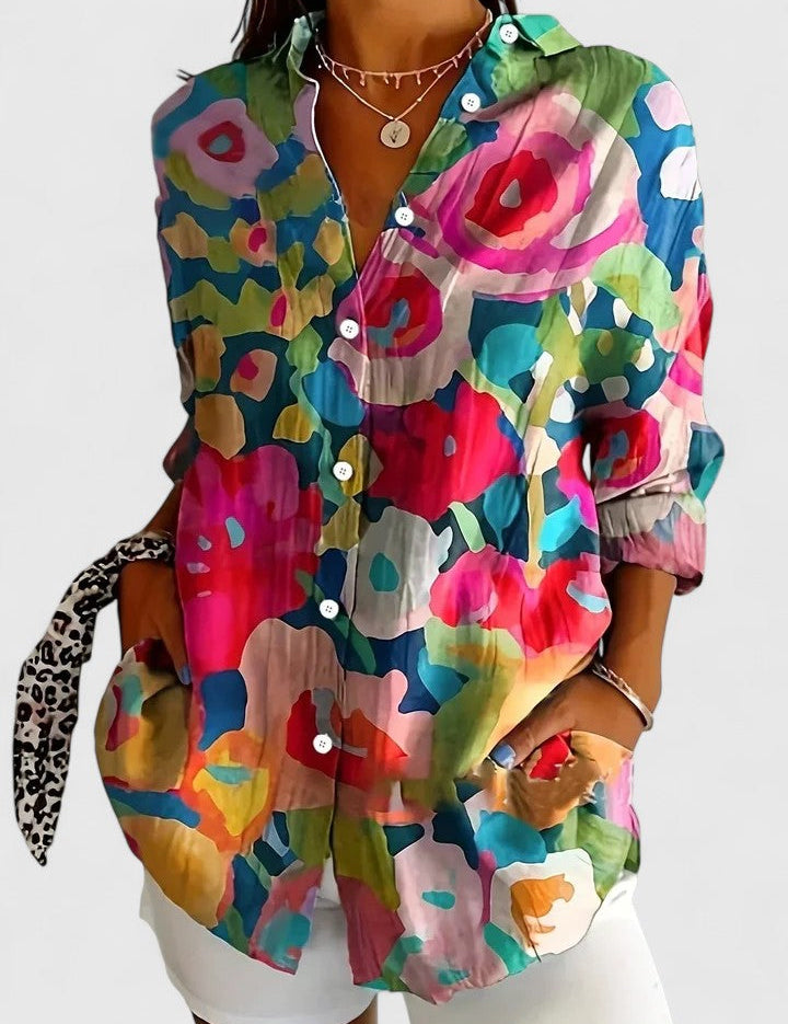Vivette Sanclair | Colorful Floral Print Long Sleeve Button-Up Blouse
