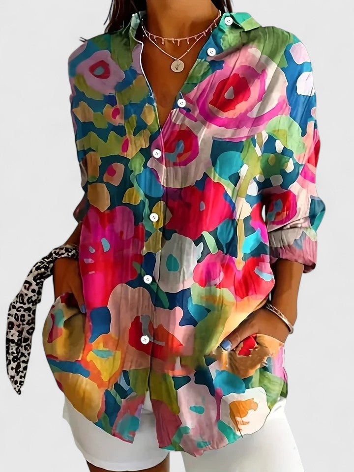 Vivette Sanclair | Colorful Floral Print Long Sleeve Button-Up Blouse