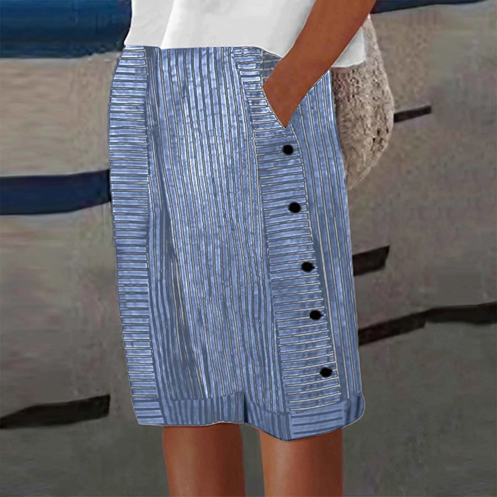Madeleine Thorncroft | Striped Linen-Cotton Cropped Shorts with Side Buttons