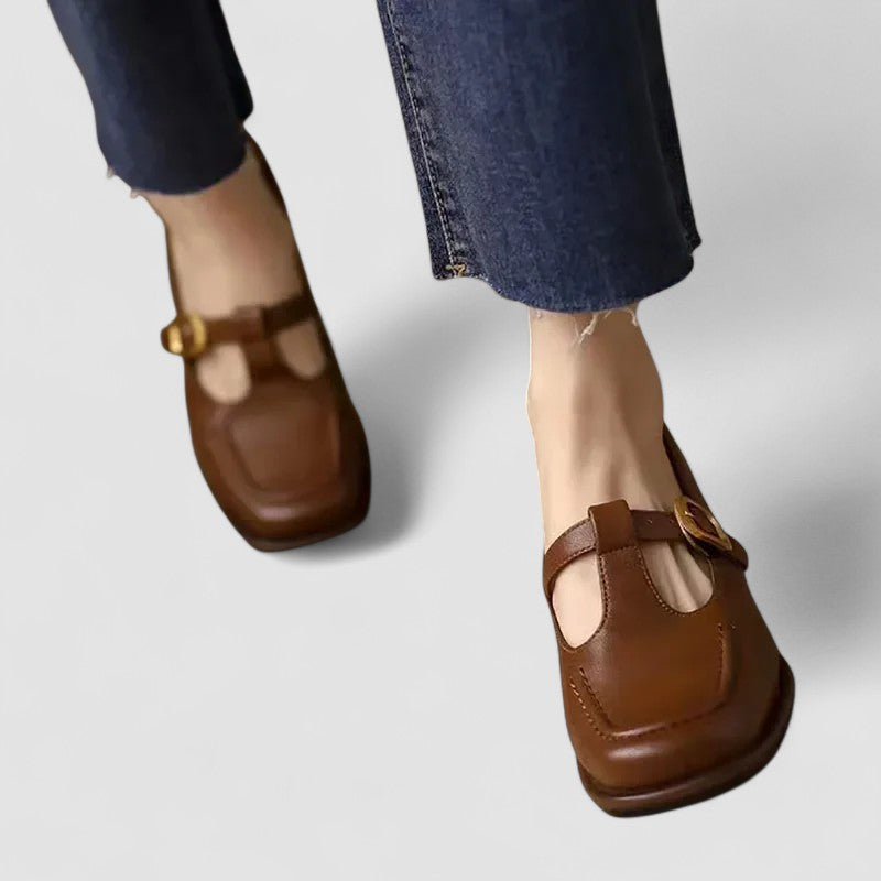 Marguerite Fonteneau | Orthopedic T-Strap Mary Jane Flats in Brown
