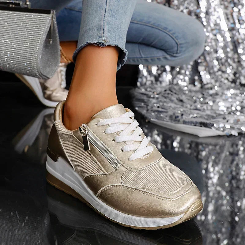 Marguerite Solvaine | Silver Metallic Platform Sneakers with Side Zipper