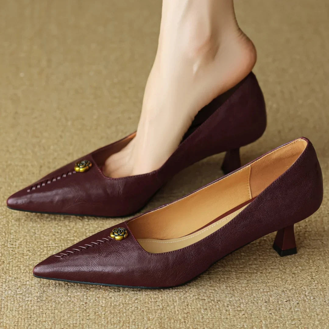 Rosanne Castellfort | Burgundy Leather Pointed-Toe Heels with Gold Rose Detail