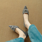 Estelle Ravenswood | Gold Glitter Block Heel Pumps with Crystal Buckle