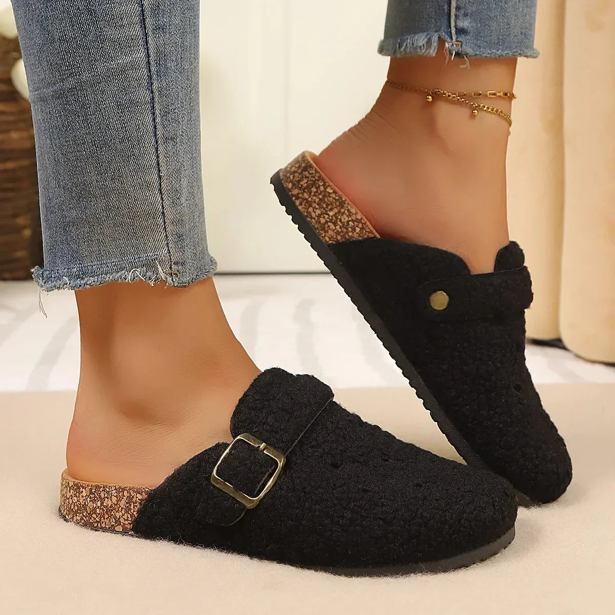 Elspeth Duvernay | Fleece Clog Slippers with Cork Sole