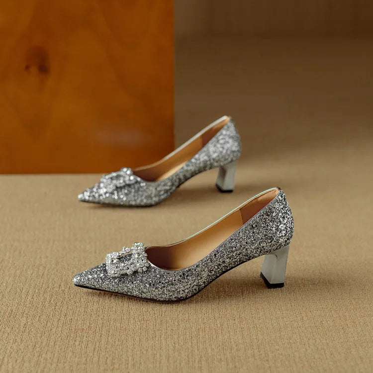 Estelle Ravenswood | Gold Glitter Block Heel Pumps with Crystal Buckle