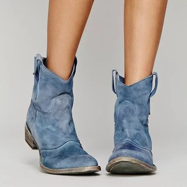 Aurelie Stonecroft | Suede Western Cowboy Ankle Boots in Taupe