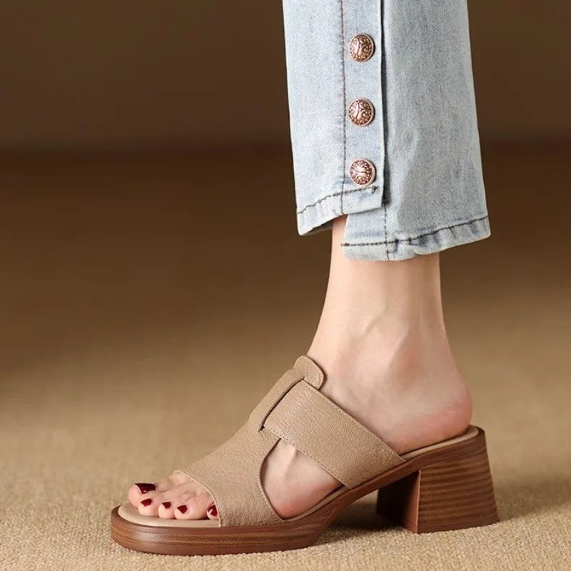 Felicity Armand | Black Leather Block Heel Mule Sandals