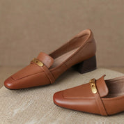 Vivienne Lacombe | Brown Genuine Leather Low Block Heel Loafers