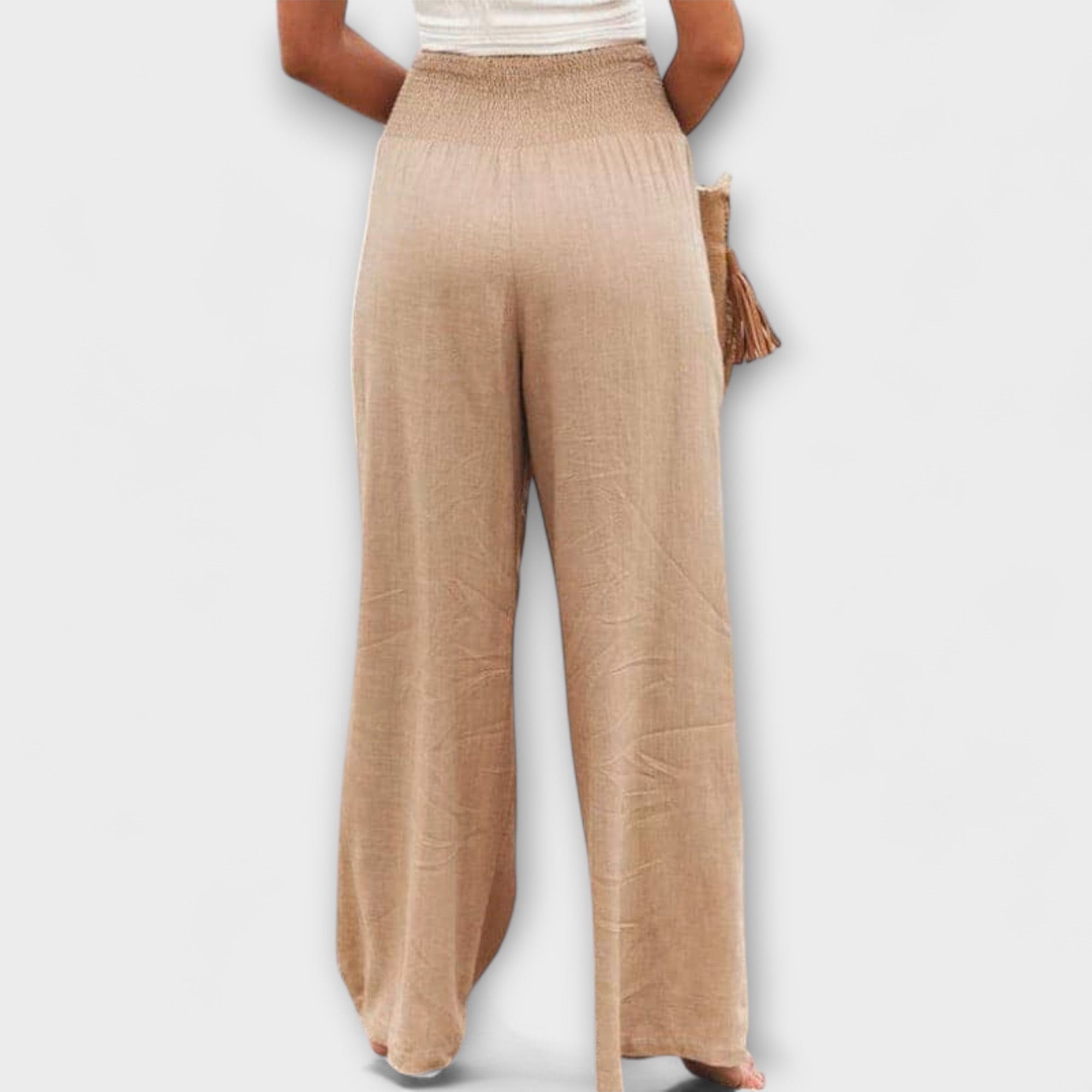 Roseline Beaupré | Coral Wide-Leg Linen Trousers with Smocked Waist