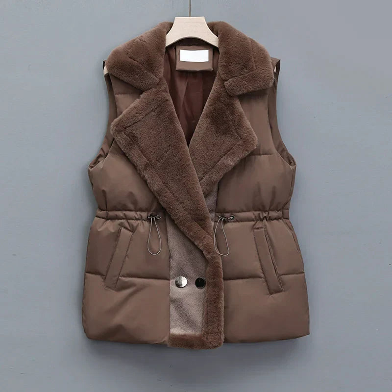 Geneviève Hartwell | Faux Fur Collar Puffer Vest in Brown