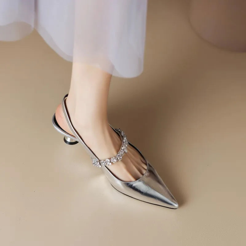 Cosette Wyndham | Silver Crystal Strap Slingback Pointed Toe Heels