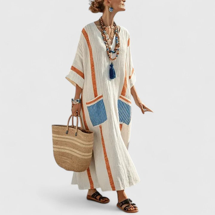 Céleste Fonrouge | Bohemian Cream Linen Maxi Dress with V-Neck