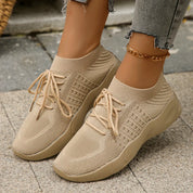 Marlowe Sinclair | Beige Knit Lace-Up Sneakers for Women