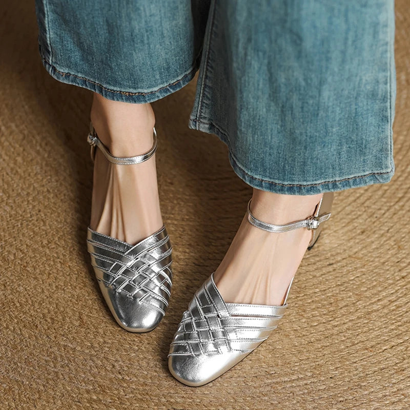 Clothilde Ravenspark | Woven Genuine Leather Block Heel Pumps