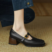 Céleste Fontarrive | Women's T-Strap Mary Jane Flats Square Toe Low Block Heel